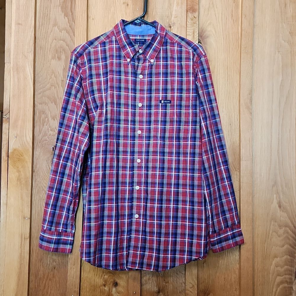 CHAPS Easy Care Long Sleeve Button Down Casual Shirt, Medium, Red & Blue Plaid